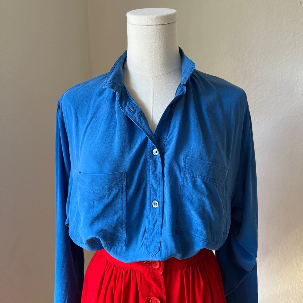 Striking Blue Relaxed Button Down Blouse